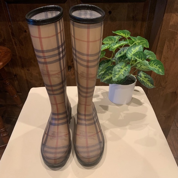 Burberry Shoes - Burberry Plaid Rubber Calf High Leather Trim Rain Boots Size 38